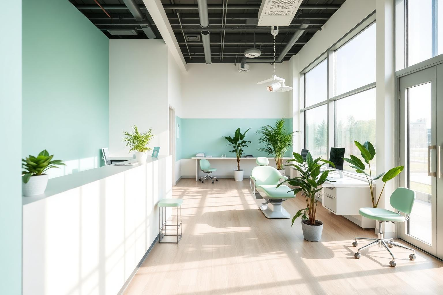 Bright, modern interior of Dr. Mateen's Dental Clinic with mint accents and natural light